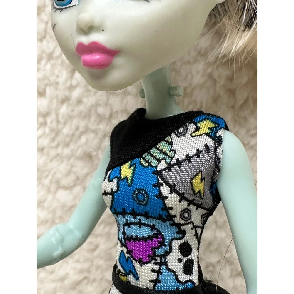 Monster High Frankie Stein Doll Blue Patchwork Dress Yellow Wedge Boots